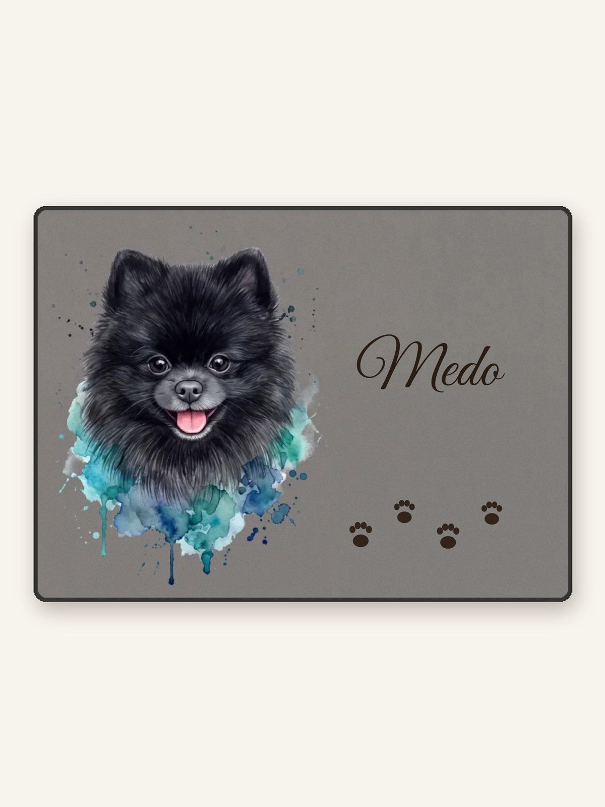 Personalised doormat with a blue watercolour portrait of a pet on a grey background