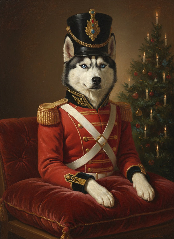 Husky syberyjski namalowany jako Dziadek do orzechów