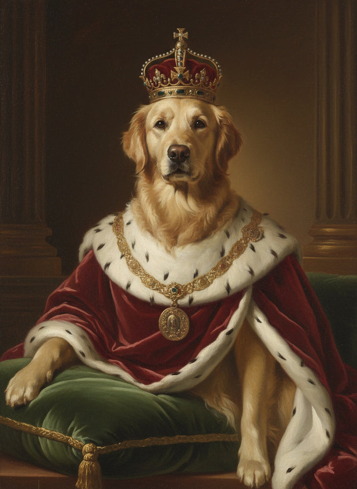 Golden retriever namalowany jako król